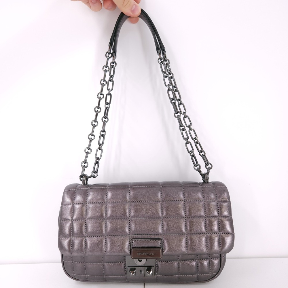 Michael Kors Tribeca Convertible Chain Shoulder Metallic Silver Large Bag *READ*
